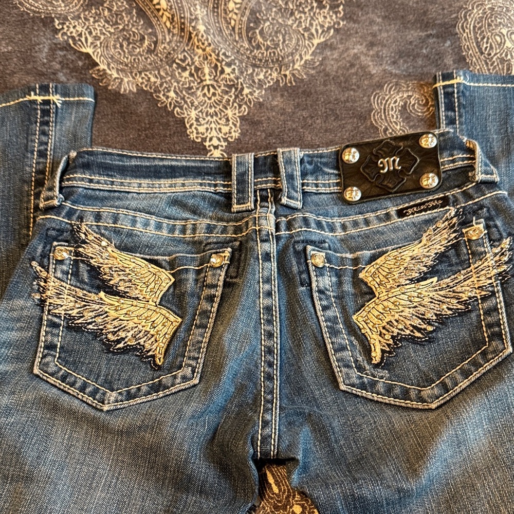 Miss Me Blue Jeans with Gold Wing Embroidery